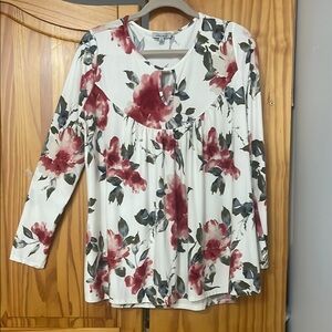 WHITE BIRCH FLORAL KEY HOLE BLOUSE WOMENS XL CREAM ROSE GREEN PLEATED FRONT LONG